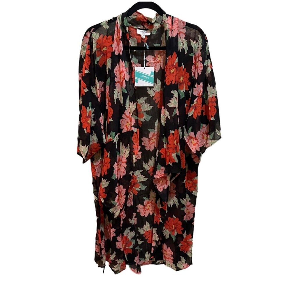 Umgee Size S Floral Kimono Cardigan Black Red Pink Sheer Chiffon Boho NWT NEW